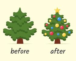 Natale albero prima e dopo decorazione. vuoto e decorato Natale albero. vettore illustrazione.