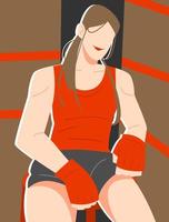 combattente ragazza è seduta riposo su il lato di il squillo. pugile concetto, combattere, donna, sport, addestramento, eccetera. piatto vettore illustrazione