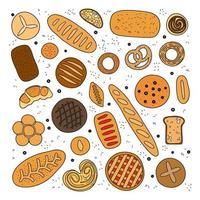 impostato di mano disegnato pane e pasticcini. vettore