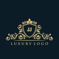 lettera jj logo con lusso oro scudo. eleganza logo vettore modello.