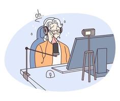 nonna streamer. anziano donna padroni di casa diretta streaming video evento. più vecchio generazione utilizzando moderno tecnico. triste e pianto nonna. vettore illustrazione isolato su bianca sfondo.