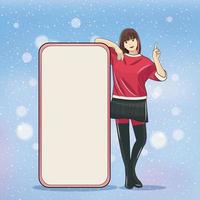 pubblicità Natale concetto. giovane ragazza guardare e puntamento su con grande cellula Telefono accanto sua vettore illustrazione gratuito Scarica