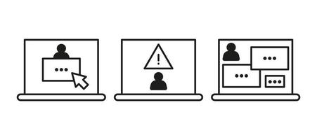 avvertimento cartello su computer, truffa di pirata, linea icona. imbrogliare su Internet, nascosto crimine truffatore. sociale media frode di ladro. Pericolo di furto personale informazione. vettore schema illustrazione