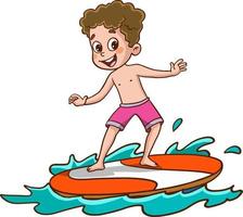 giovane bambini fare surf su mare. bambino su Surf tavola su oceano onda. vettore