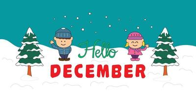 vettore bambini disegno Ciao dicembre tipografia con bambini e pino alberi nel neve tempo metereologico nel un' cartone animato stile