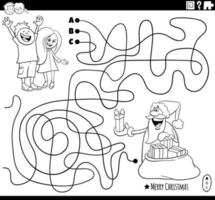 labirinto con Santa Claus con i regali e bambini colorazione pagina vettore