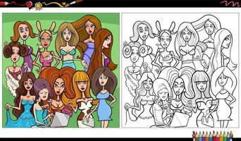 divertente comico ragazze e donne personaggi gruppo colorazione pagina vettore