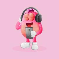 carino rosa mostro ascoltando musica su un' smartphone utilizzando un' cuffie vettore