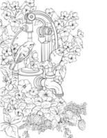 un' -Tenuto in mano acqua colonna nel fiori nel il giardino. nero e bianca vettore disegno. per illustrazioni e colorazione libri.