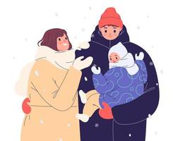 giovane famiglia all'aperto nel inverno, uomo Tenere bambino e abbracciare il suo moglie vettore