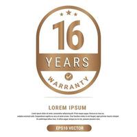 16 anno garanzia vettore arte illustrazione nel oro colore con fantastico font e bianca sfondo. eps10 vettore
