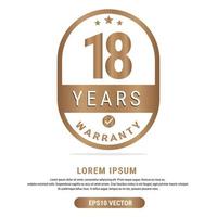 18 anno garanzia vettore arte illustrazione nel oro colore con fantastico font e bianca sfondo. eps10 vettore