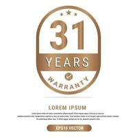 31 anno garanzia vettore arte illustrazione nel oro colore con fantastico font e bianca sfondo. eps10 vettore