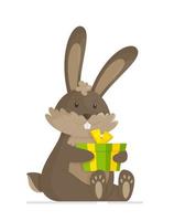 carino seduta coniglietto con un' regalo nel il suo zampe. vettore illustrazione di un' bandiera con un' carino coniglietto. isolato su bianca sfondo Pasqua simbolo
