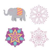 felice festival di diwali. mandala floreali ed elefante vettore