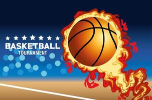 banner del torneo di basket con palla in fiamme vettore