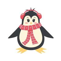 carino pinguino nel inverno cuffie e sciarpa. antartico uccello, cartone animato personaggio isolato su bianca sfondo. vettore