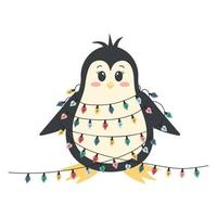 carino pinguino nel un' Natale ghirlanda. antartico uccello, cartone animato personaggio isolato su bianca sfondo. vettore