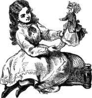 ragazza giocando con Bambola, Vintage ▾ illustrazione. vettore
