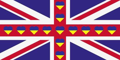 cuore dipinto nel il colori di il bandiera di grande Gran Bretagna su il bandiera di Ucraina. vettore illustrazione di un' cuore con il nazionale simbolo di grande Gran Bretagna su un' blu-giallo sfondo.
