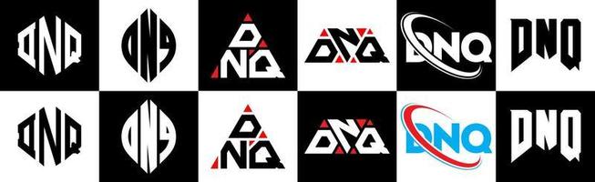 dnq lettera logo design nel sei stile. dnq poligono, cerchio, triangolo, esagono, piatto e semplice stile con nero e bianca colore variazione lettera logo impostato nel uno tavola da disegno. dnq minimalista e classico logo vettore