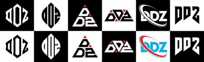 ddz lettera logo design nel sei stile. ddz poligono, cerchio, triangolo, esagono, piatto e semplice stile con nero e bianca colore variazione lettera logo impostato nel uno tavola da disegno. ddz minimalista e classico logo vettore