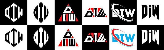 diw lettera logo design nel sei stile. diw poligono, cerchio, triangolo, esagono, piatto e semplice stile con nero e bianca colore variazione lettera logo impostato nel uno tavola da disegno. diw minimalista e classico logo vettore