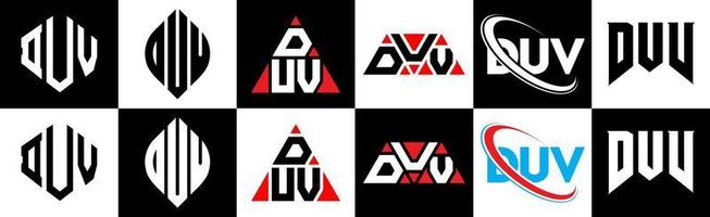 duv lettera logo design nel sei stile. duv poligono, cerchio, triangolo, esagono, piatto e semplice stile con nero e bianca colore variazione lettera logo impostato nel uno tavola da disegno. duv minimalista e classico logo vettore