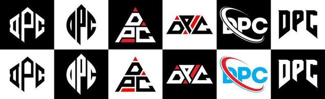 dpc lettera logo design nel sei stile. dpc poligono, cerchio, triangolo, esagono, piatto e semplice stile con nero e bianca colore variazione lettera logo impostato nel uno tavola da disegno. dpc minimalista e classico logo vettore