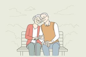 contento anziano persone stile di vita concetto. sorridente anziano maturo coppia rilassante nel parco, seduta su panca, Tenere mani godendo tempo libero tempo all'aperto vettore illustrazione