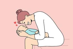 contento amorevole giovane madre giocando con neonato bambino. sorridente cura mamma coccolare carino poco bambino infante. maternità concetto. vettore illustrazione.