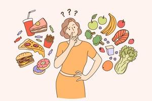 dieta, salutare stile di vita, peso perdita concetto. donna cartone animato personaggio in piedi la scelta fra salutare e malsano cibo Fast food vs equilibrato menù vettore illustrazione