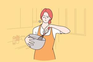 stanchezza di cucinando a casa concetto. triste frustrato irritata bella ragazza cartone animato personaggio nel grembiule in piedi cucinando e sensazione stanco di lavori di casa vettore illustrazione