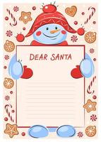 lettera per Santa claus. modello con Natale dolci, biscotti e pupazzo di neve. vettore illustrazione