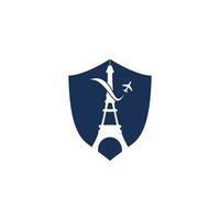 Francia viaggio logo. Parigi eiffel Torre con aereo per viaggio logo design vettore