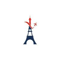 Francia viaggio logo. Parigi eiffel Torre con aereo per viaggio logo design vettore