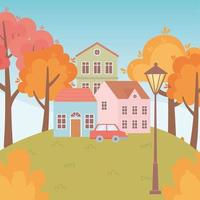 paesaggio in autunno. case, auto, alberi e lampada vettore