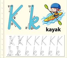 foglio di lavoro alfabeto di tracciamento lettera k con kayak vettore
