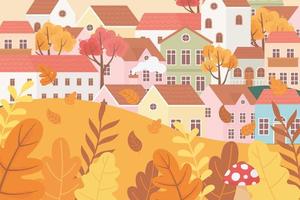 paesaggio in autunno. case del villaggio, funghi e foglie vettore