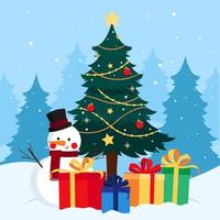 Natale albero con i regali e pupazzo di neve vettore