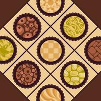 Brigadeiro caramelle nel un' scatola. nove brasiliano il giro dolci nel un' piccolo scatola superiore Visualizza. cartone animato vettore illustrazione.