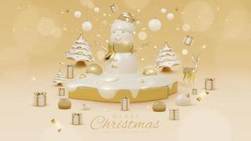 lusso sfondo con pupazzo di neve su d'oro podio e neve elementi con 3d realistico Natale ornamenti e scintillante leggero effetto decorazioni e bokeh. vettore illustrazione.