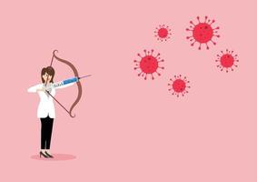 femmina medico combattente con coronavirus di siringa con vaccino vettore