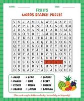 parola ricerca gioco frutta parola ricerca puzzle foglio di lavoro per apprendimento inglese. vettore