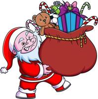 il yeti nano con il Santa Claus costume è Tenere il grande sacco pieno di regalo e invio il sorpresa per il bambini vettore