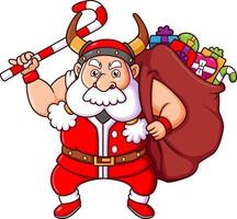 il vichingo Santa Claus è Tenere il caramella canna e il grande sacco di regalo vettore