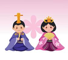 Hinamatsuri giapponese tradizionale Bambola per ragazze giorno o di bambole giorno. hina bambole vettore illustrazione con cartone animato piatto arte styled disegno impostato su semplice rosa pendenza sfondo.