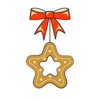 Natale albero giocattolo Pan di zenzero nel il forma di un' stella con un' rosso arco decorativo elemento nel retrò stile vettore