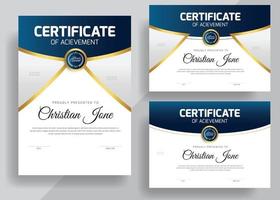 certificato modello disegno, realizzazione per vincitore persona, elegante blu e oro diploma certificato modello, multiuso professionale certificato vettore illustrazione.