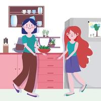 donna e ragazza con le verdure nella ciotola in cucina vettore